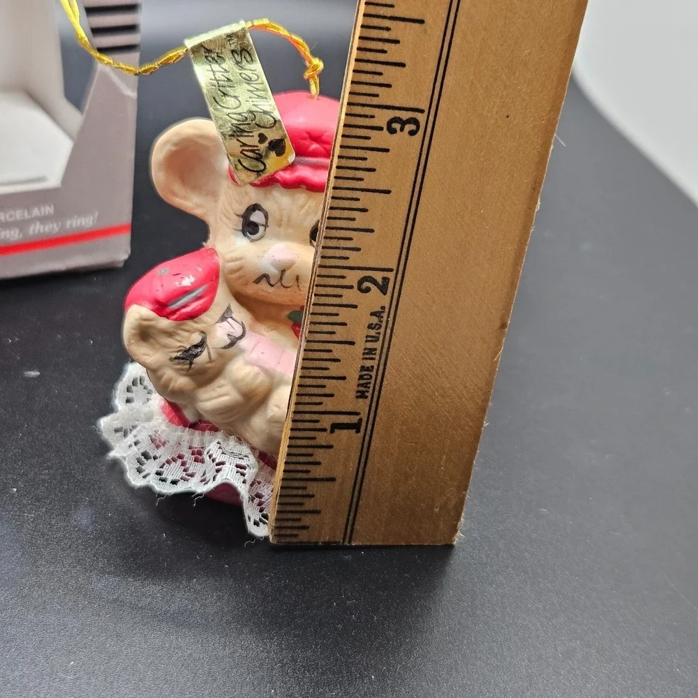 Vintage Chiming Critters Mouse Holding Baby Christmas Ornament Lace Trim 3